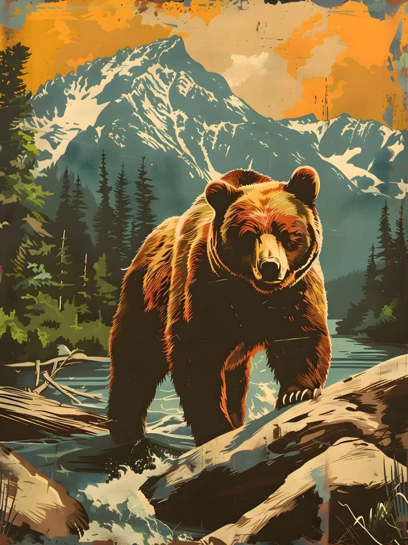 Orso bruno Grizzly Natura vintage pellicola backlit da Vintage Travel Art