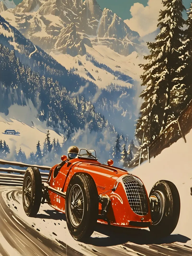 auto da corsa d'epoca nelle Alpi pellicola backlit da Vintage Travel Art
