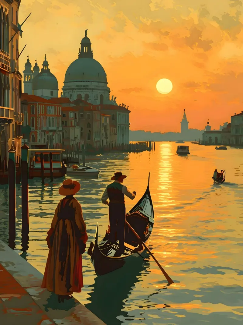 Venezia tramonto vintage art poster con telaio in alluminio da Vintage Travel Art