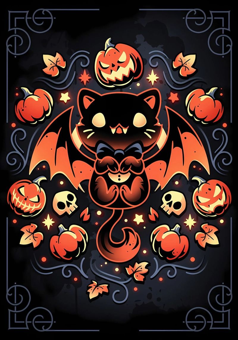 chauve-souris chat citrouilles crânes feuilles d'automne étoiles tourbillons queue aile hahnemühle de Ashish Kashyap