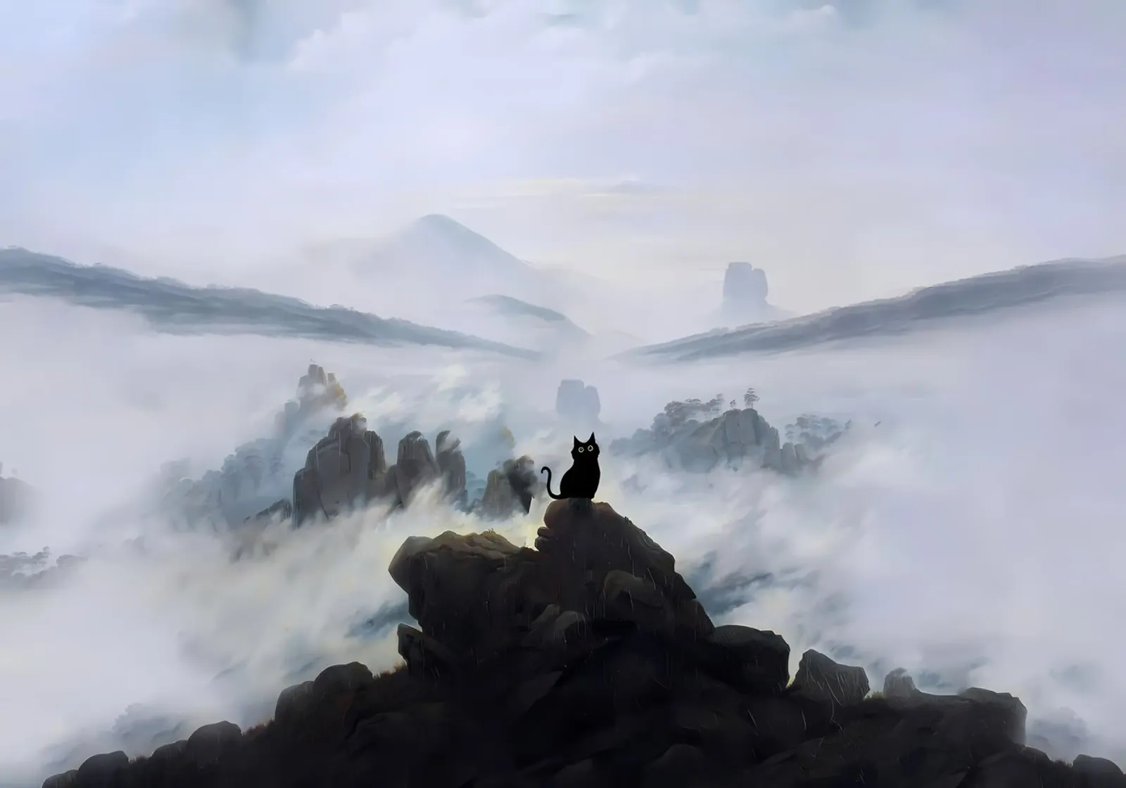 cat silhouette rocks mountain fog mist clouds horizon sky la canvas with Floater frame by Ashish Kashyap