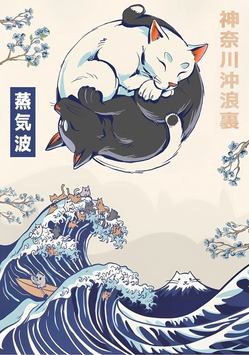 chats vagues texte japonais yin yang fleurs de cerisier montagne s poster de Ashish Kashyap
