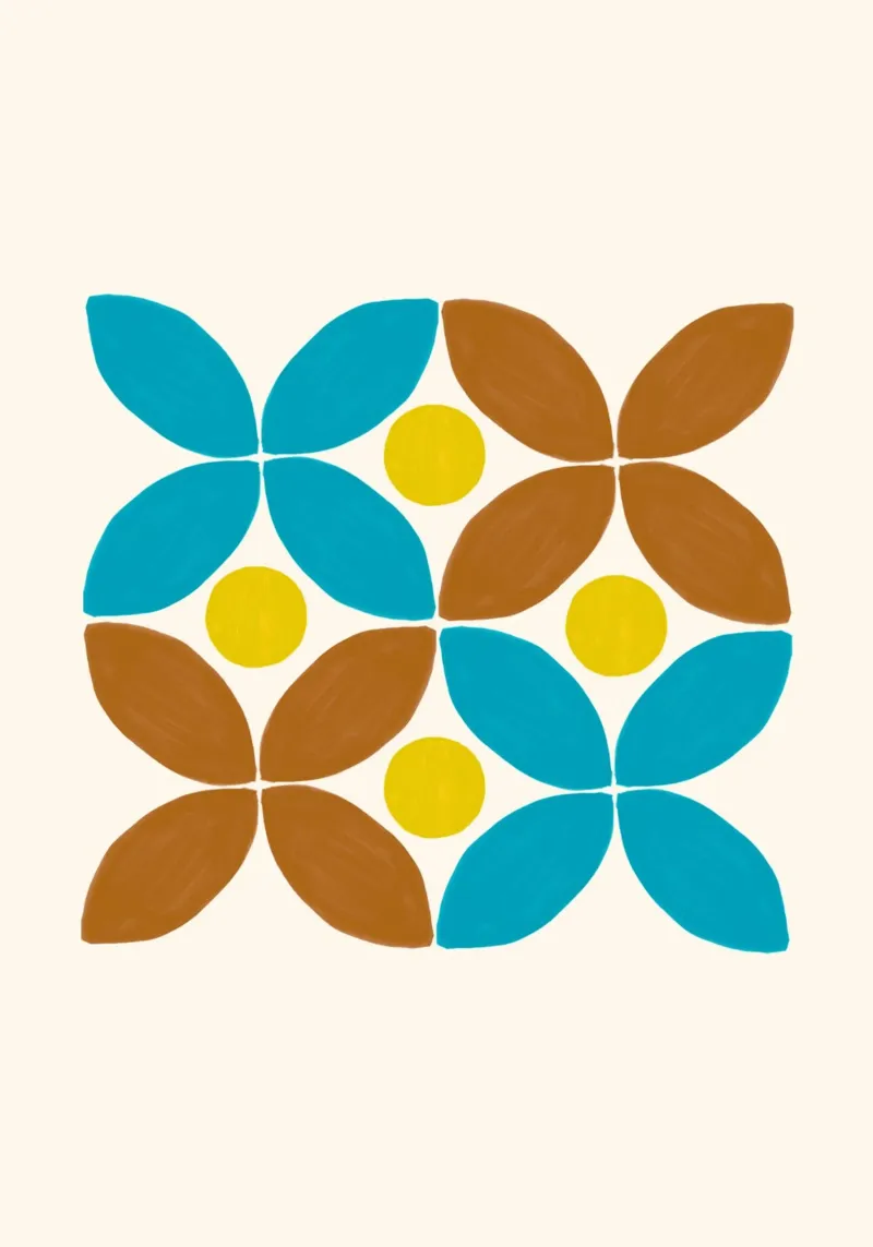 Mid-Century Floral: Abstract Geometric, Teal & Brown Pattern canvas with Floater frame by NorwesClub