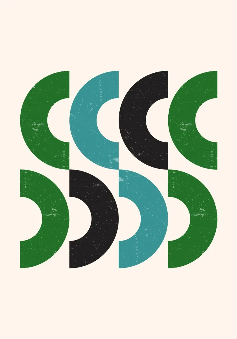 Mid-eeuwse bogen: Geometrische abstracte, groen groenblauw & zwarte kunst canvas met Baklijst van NorwesClub