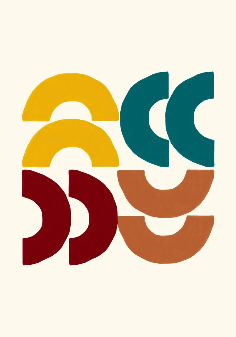Earthy Arcs: Abstract Geometric, Yellow Teal & Red Art hahnemühle by NorwesClub