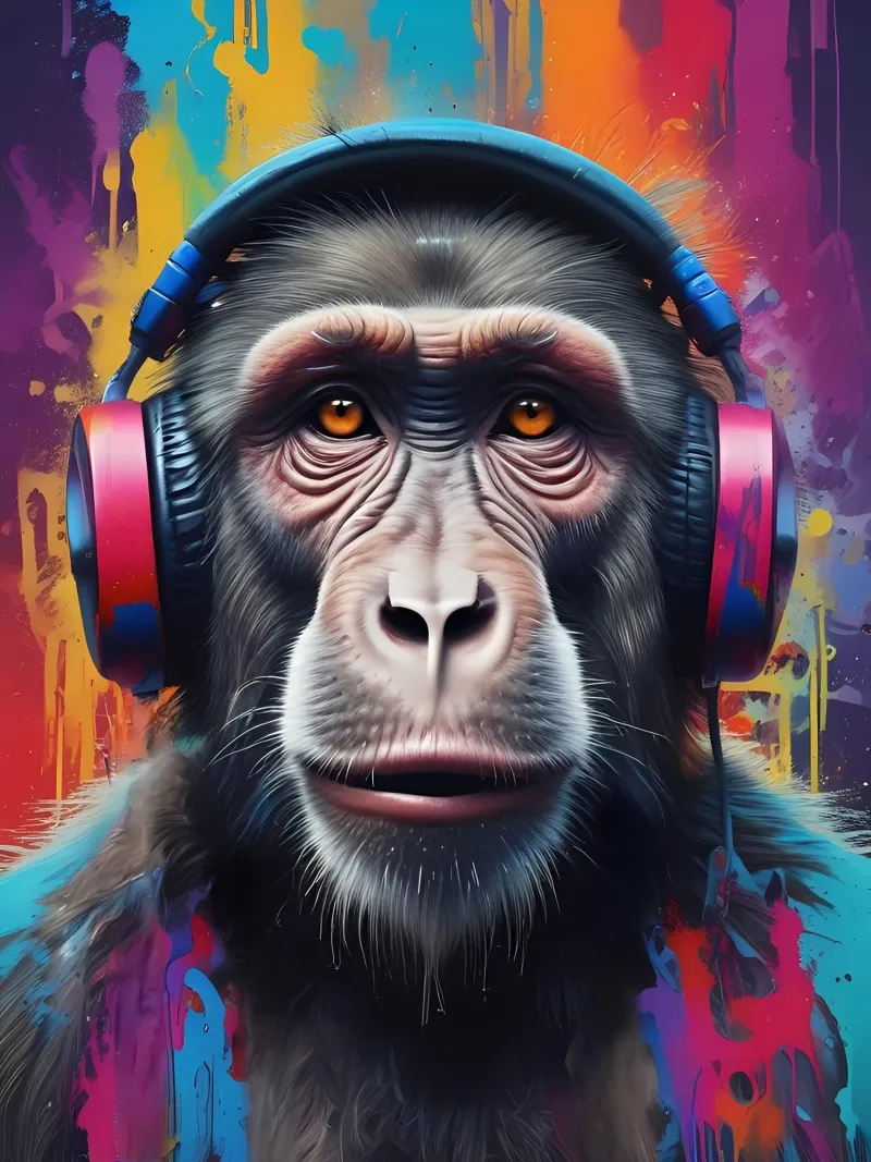 Kopfhörer Ape - Graffiti Groove trifft auf Primaten Cool Poster mit Aluminium Rahmen von MakArena
