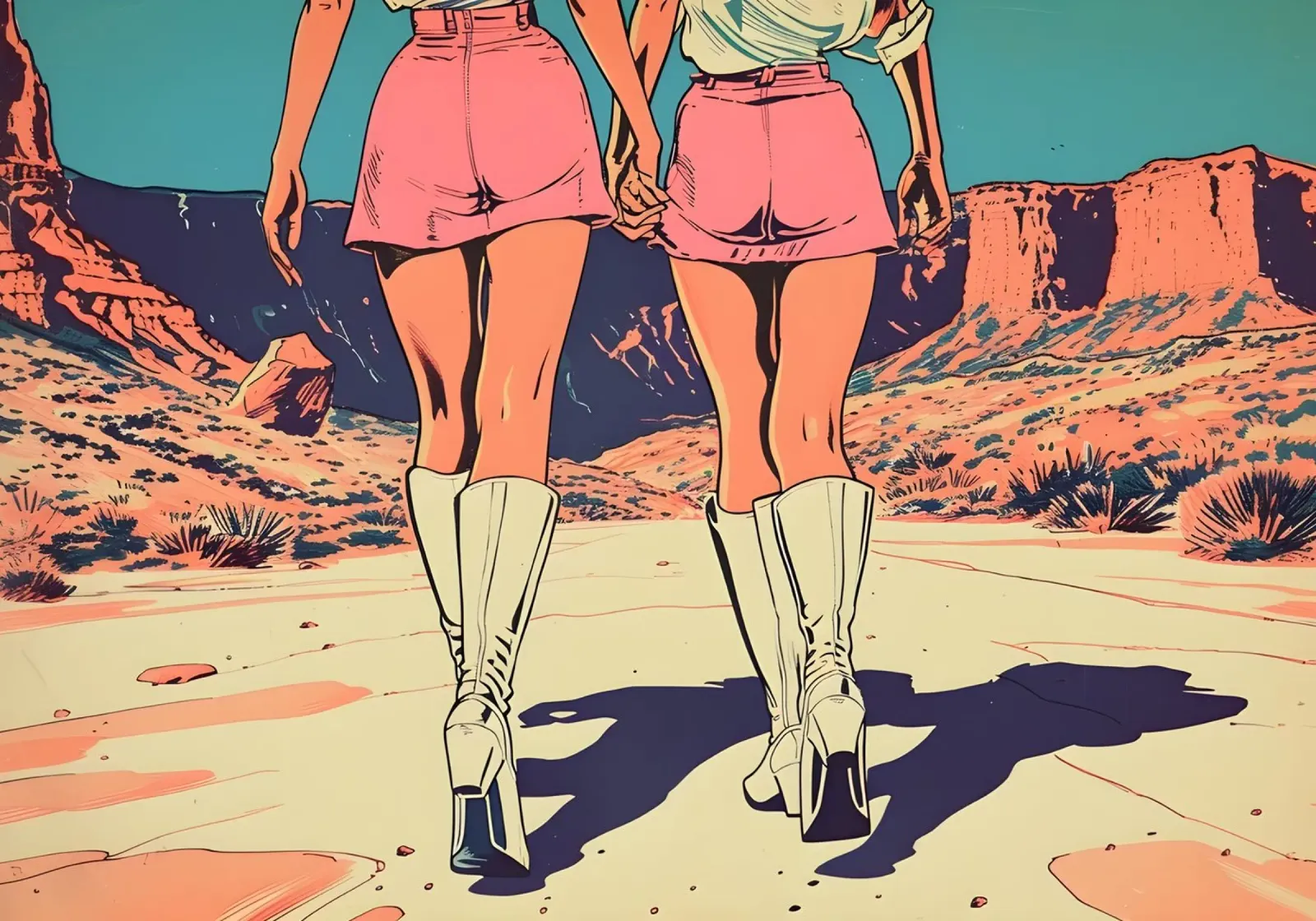 Woestijndromers: Retro Pop Art, Roze rokjes & laarzen Print canvas met Baklijst van NorwesClub