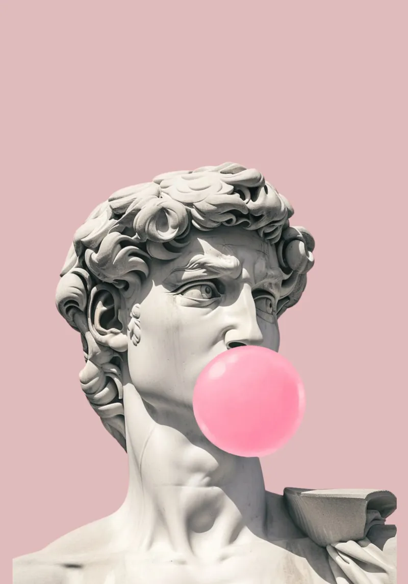 Davids bubbel: Pop Art beeldhouwkunst, kauwgom en renaissancetrend poster met kunststof frame van NorwesClub