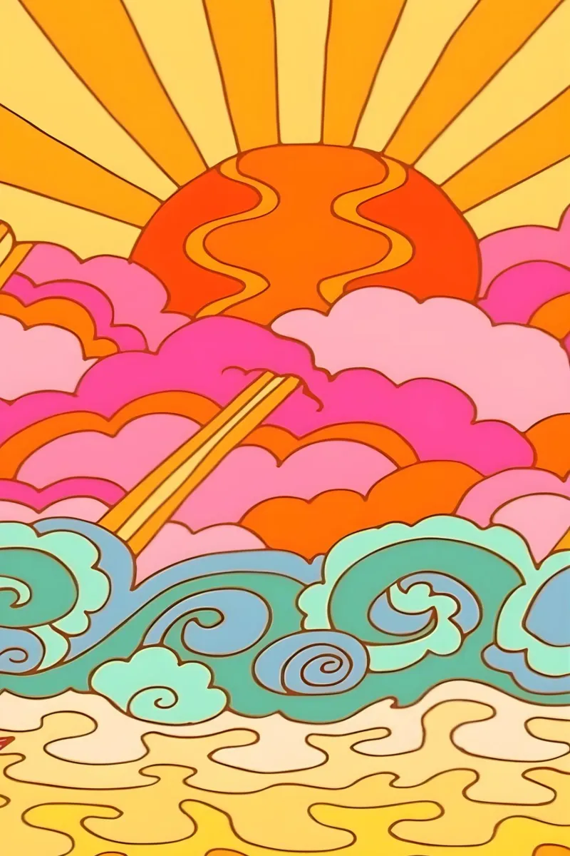 Groovy Sunset: Psychedelic Landscape, Retro 70s Art Print metacrilato de NorwesClub
