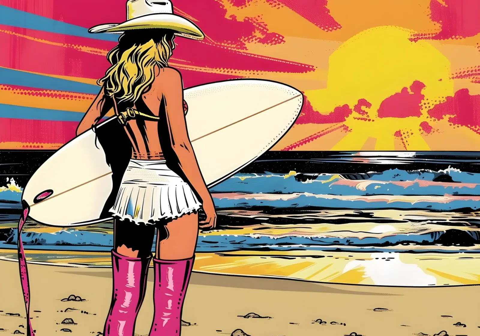 Surfer Chic: Retro Pop Art, Hawaii Sunset Beach Print canvas met Baklijst van NorwesClub