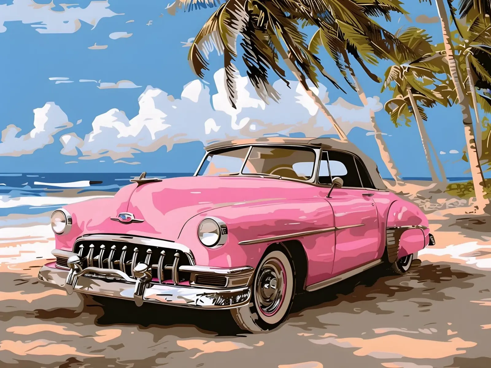 Sogno cubano: Auto rosa retrò, spiaggia e palme Stampa d'arte pellicola backlit da NorwesClub