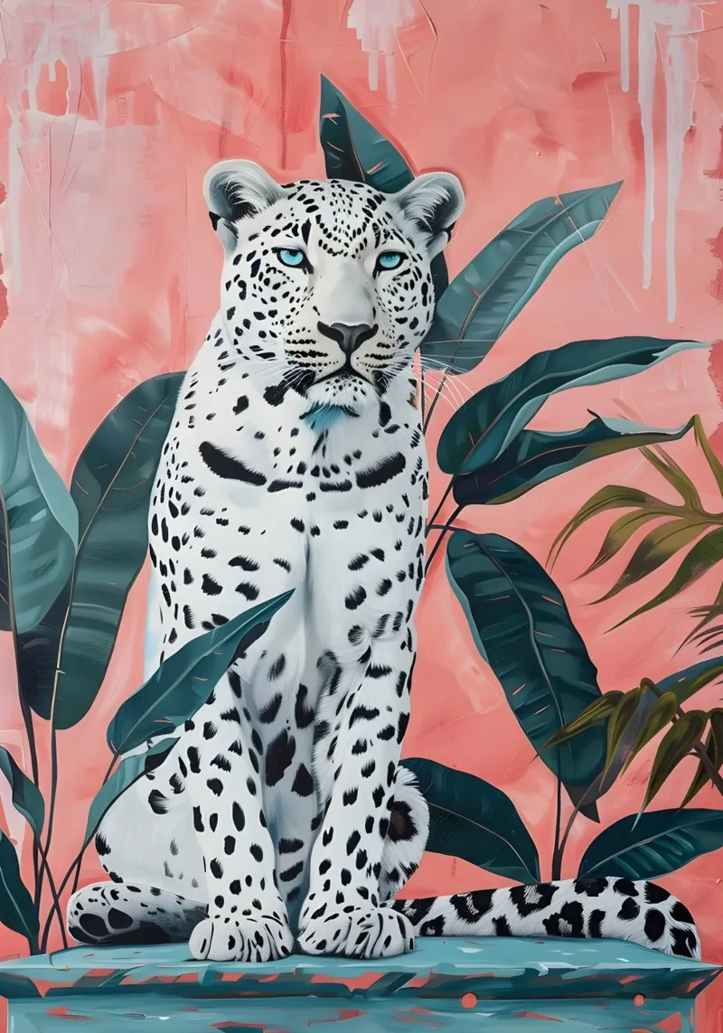 Leopardo bianco: Jungle Chic, stampa pop art rosa e verde acqua poster con telaio in plastica da NorwesClub