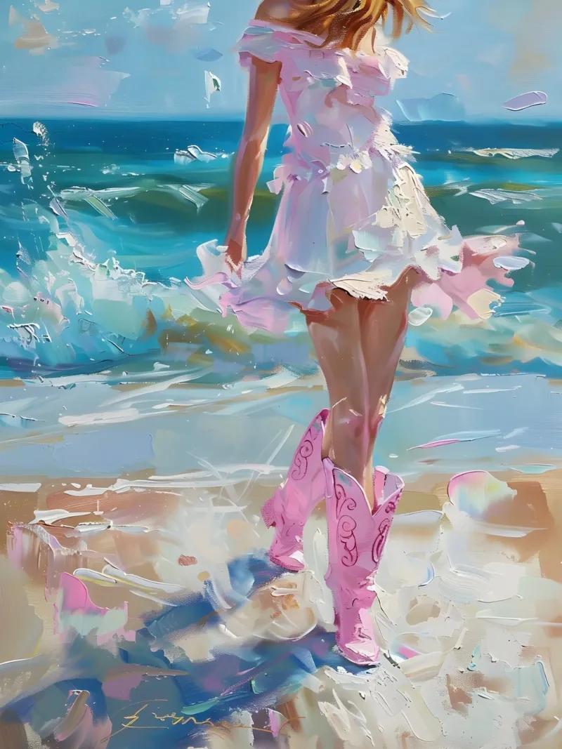 Kustdroom: Roze laarzen & strandwandeling, expressieve olieverf poster van NorwesClub