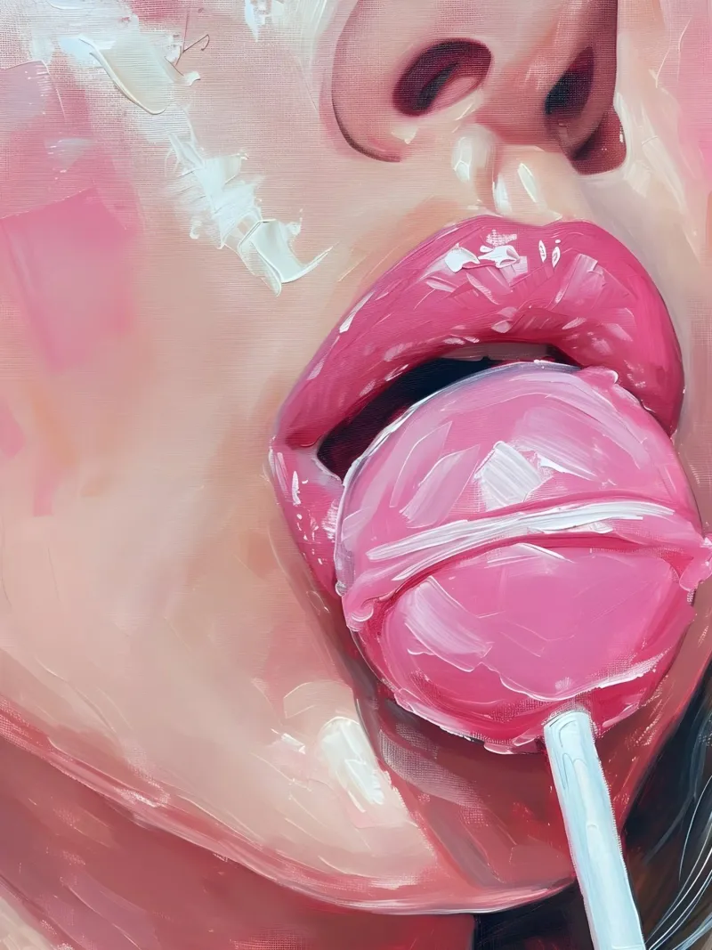 Bacio zuccheroso: labbra pop art, pittura lecca-lecca rosa vibrante pellicola backlit da NorwesClub