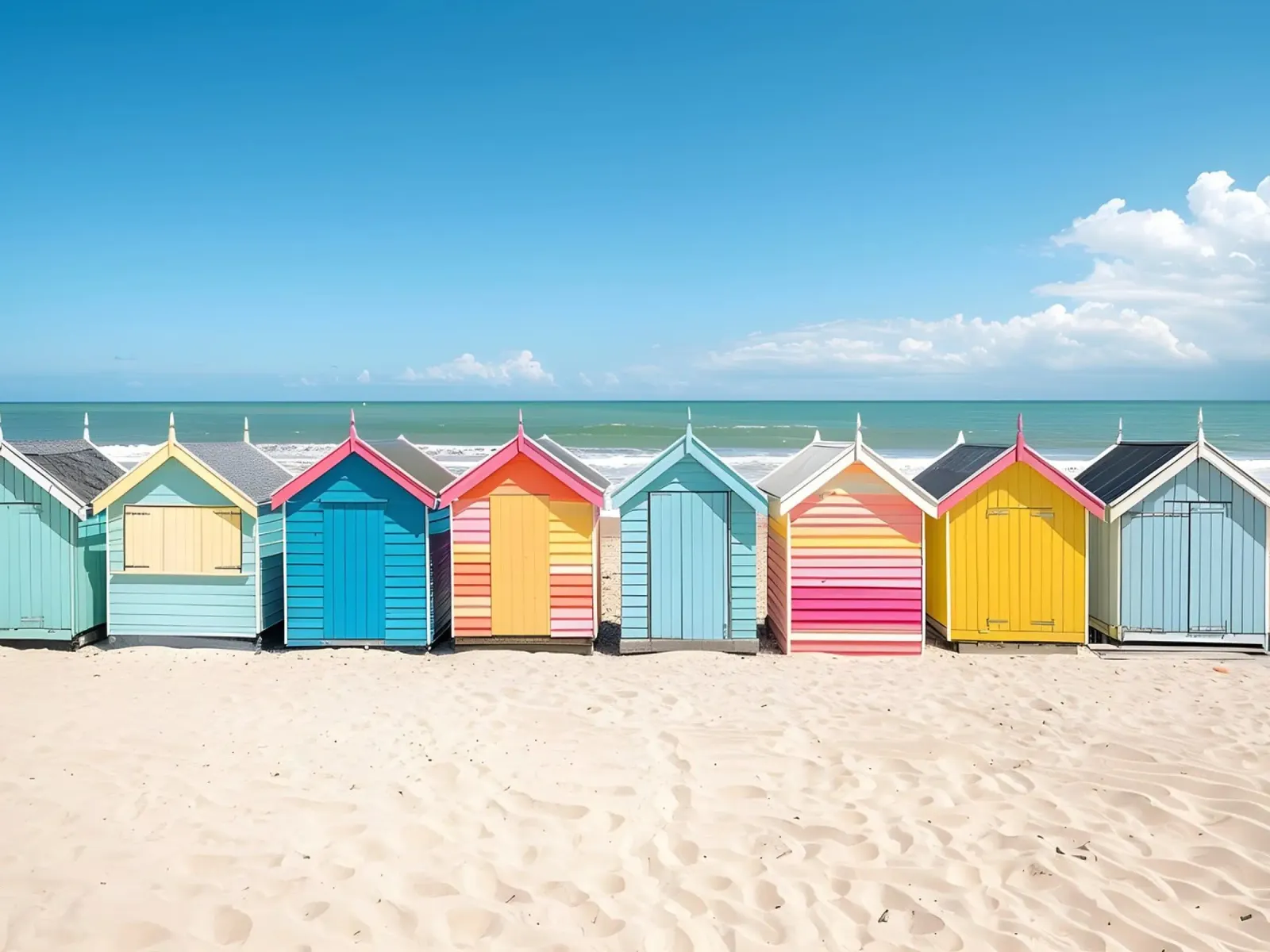 Capanne da spiaggia colorate: Arredamento costiero, viaggi estivi e oceano A tela con Cornice a cassetta da NorwesClub