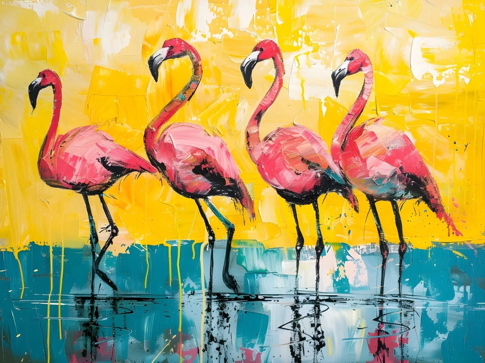 Abstrakte Flamingos: Lebendige Vögel, gelbe und blaugrüne Pop Art Poster von NorwesClub