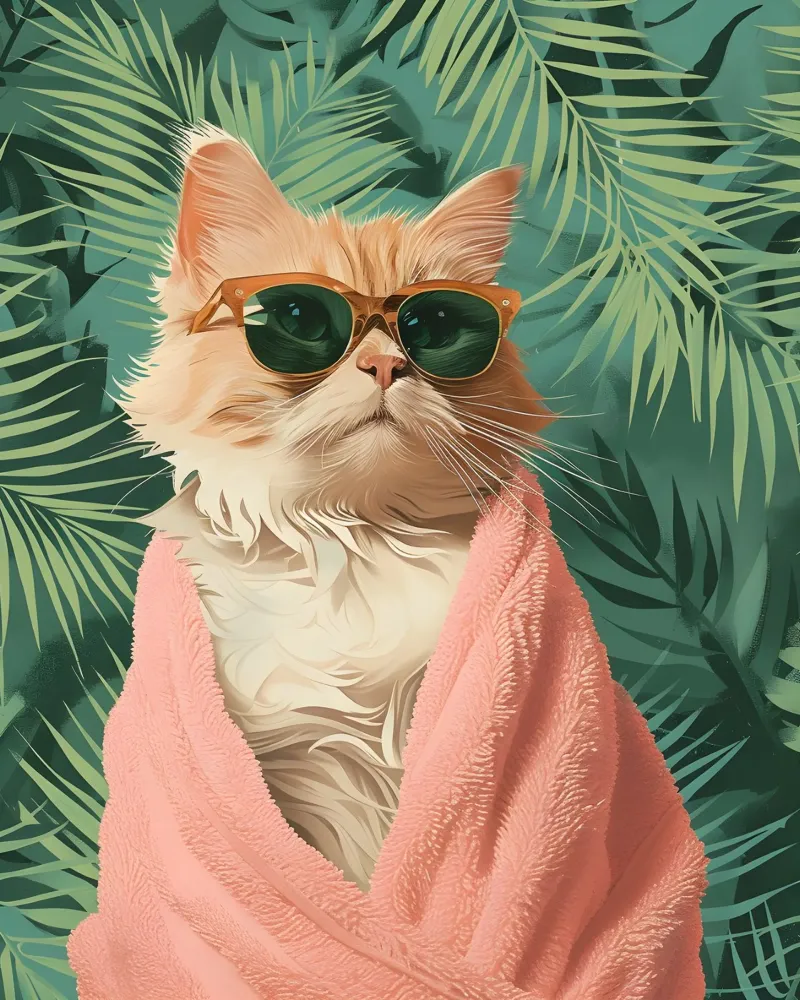 Cool Cat: Pop Art tropicale, occhiali da sole e stampa di asciugamani rosa tela con Cornice a cassetta da NorwesClub