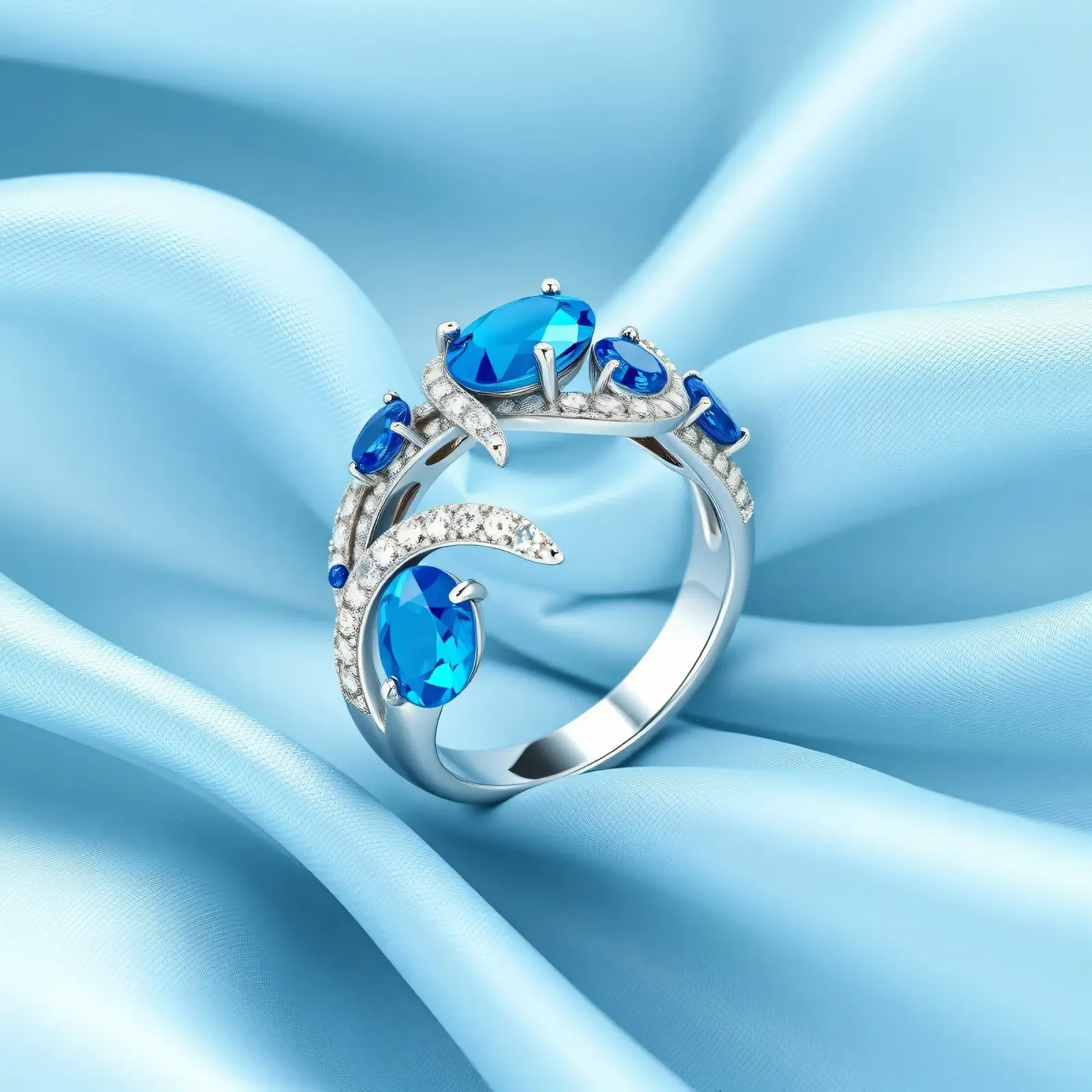 Elegante anello con gemma blu esposto in morbido tessuto di seta blu plexiglass da DesignDoodle