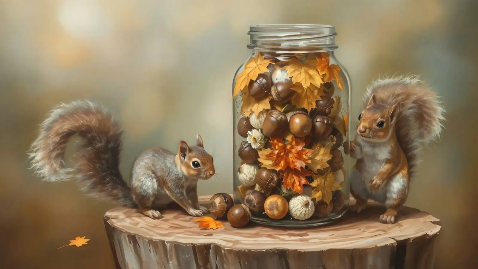 Squirrels collecting acorns and colorful leaves in a jar hahnemühle by DesignDoodle