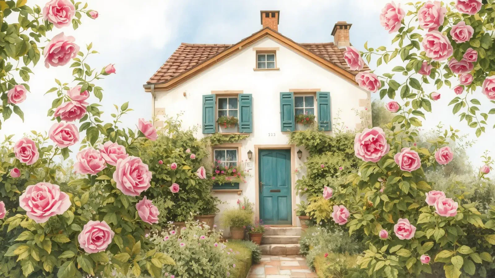 Incantevole cottage circondato da rose in fiore e verde lussureggiante poster con telaio in plastica da DesignDoodle