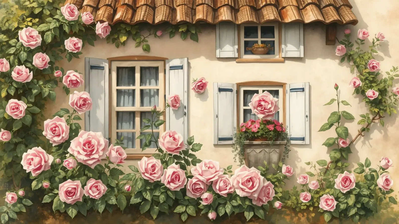 Incantevole cottage adornato da rose rosa in fiore e da un arredamento di classe. poster con telaio in plastica da DesignDoodle