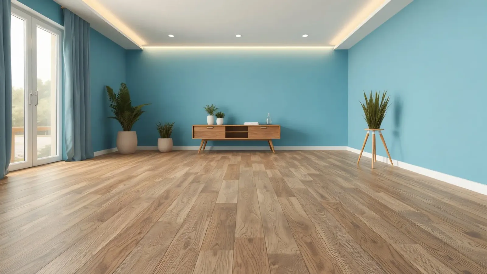 Modernes Wohnzimmer mit Holzboden, blauen Wänden und Pflanzen Hahnemühle von DesignDoodle