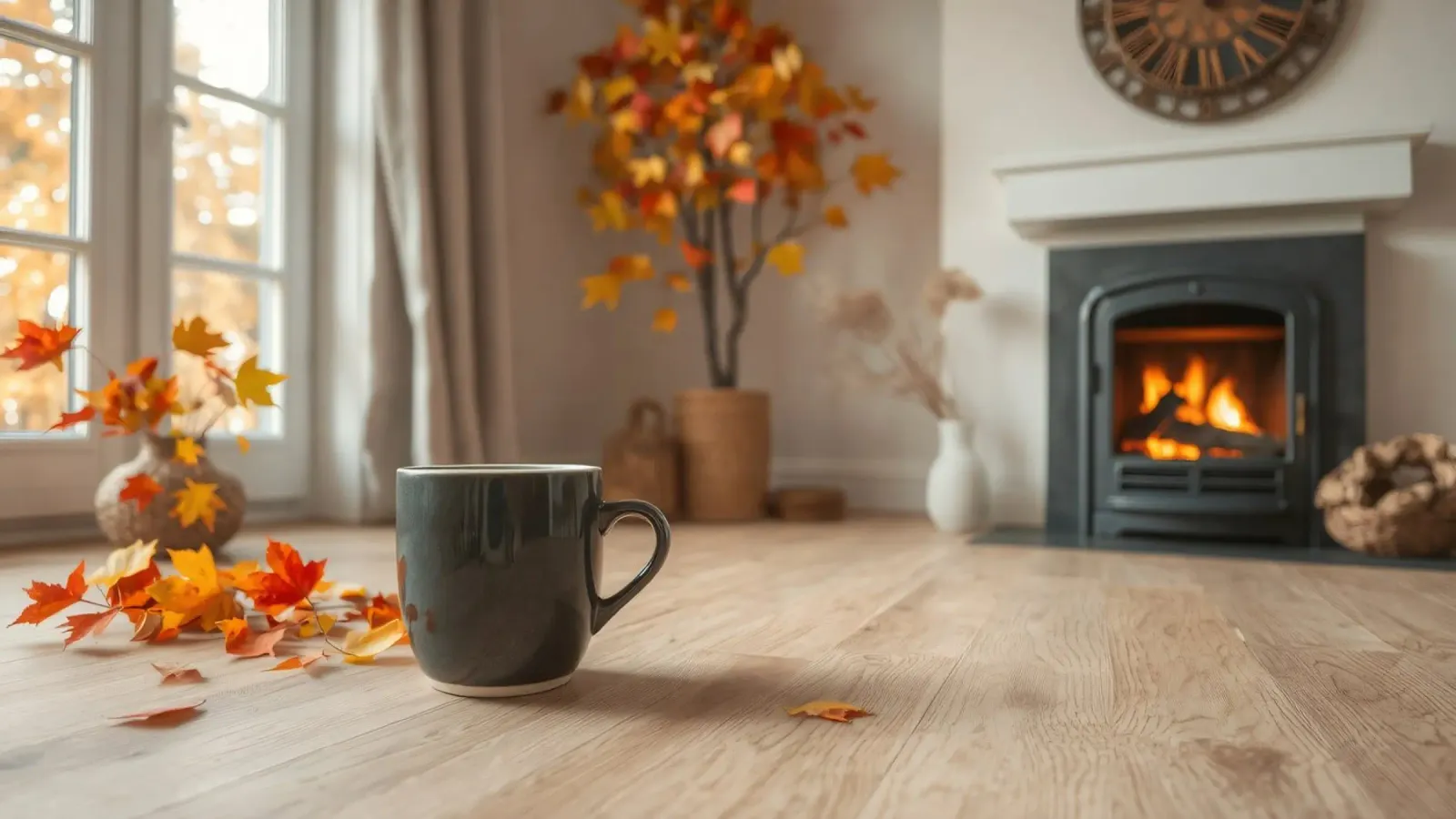 Un salon d'automne douillet avec une cheminée chaleureuse et du confort hahnemühle de DesignDoodle