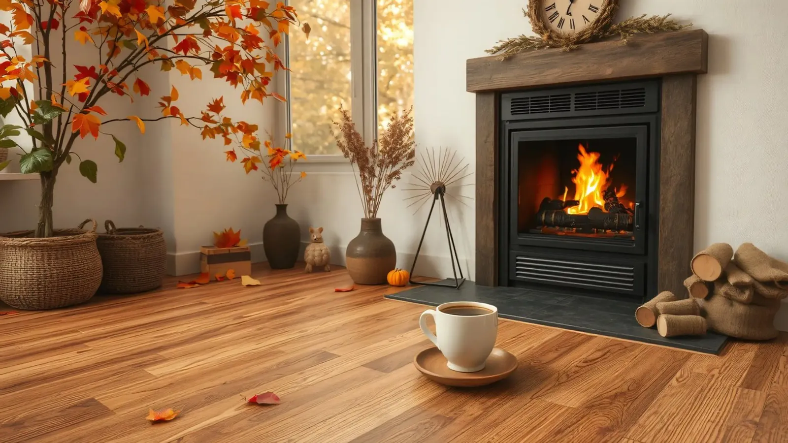 Salon d'automne confortable avec une cheminée, un feu chaleureux et un c hahnemühle de DesignDoodle