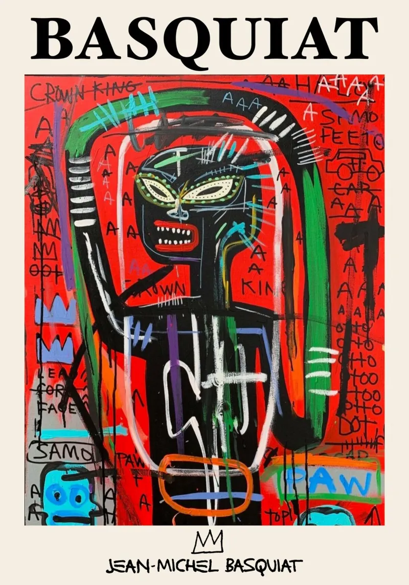 Ritratto neo-espressionista di Basquiat "Crown King" Red Power pellicola backlit da NorwesClub