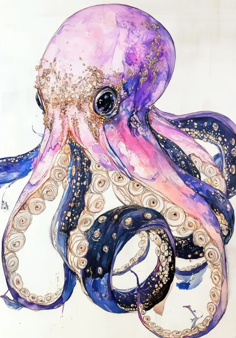 Pink octopus acryl van Justyna Jaszke JBJart