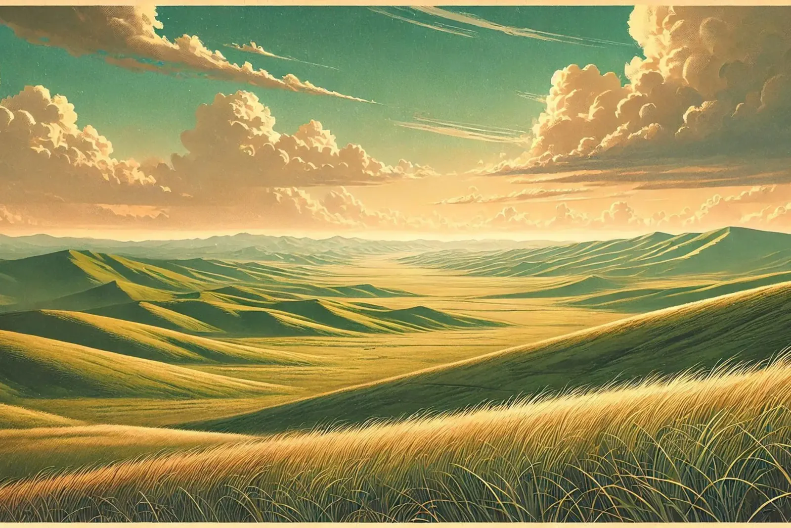 Poster d'epoca Mongolia, steppe infinite pellicola backlit da Chromatic Fusion Studio
