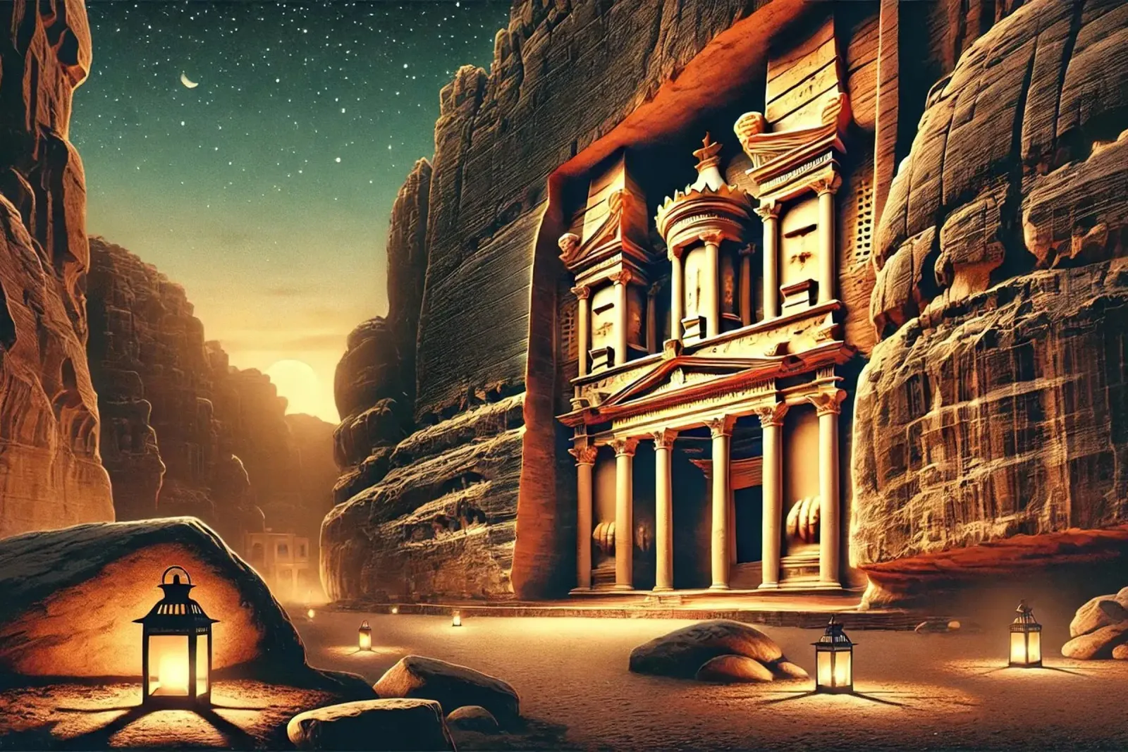 Poster notturno d'epoca di Petra, Giordania pellicola backlit da Chromatic Fusion Studio