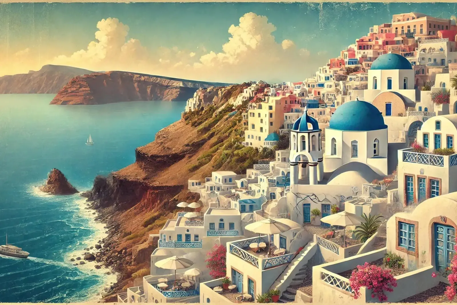 Poster d'epoca sulla scogliera di Santorini, Grecia pellicola backlit da Chromatic Fusion Studio