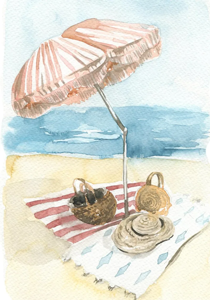Acquerello vintage sulla spiaggia - Ombrello e cestini a strisce pellicola backlit da NorwesClub