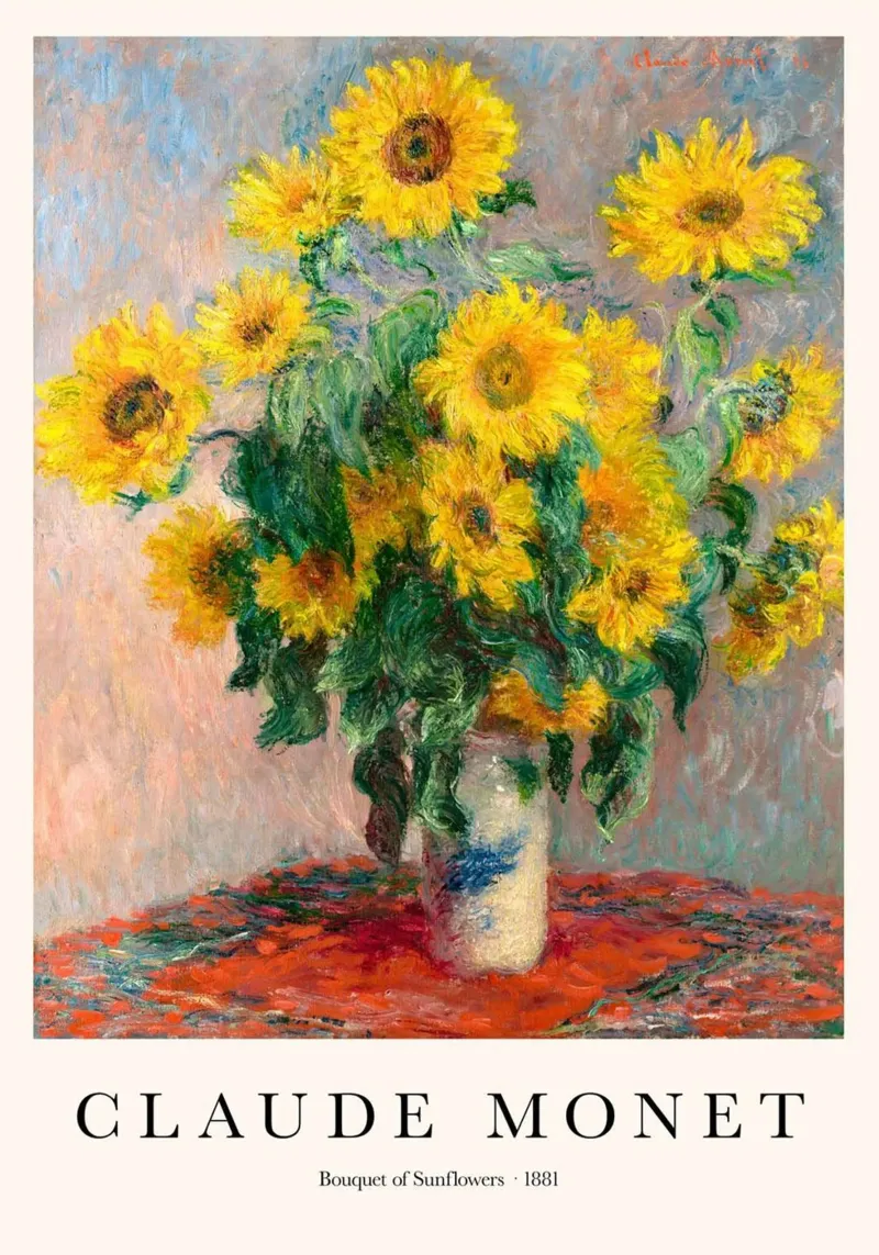 vaso di girasoli su tavolo claude monet poster con telaio in legno da belong shop