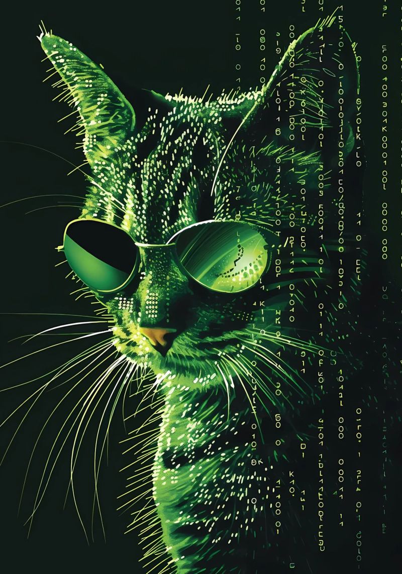 cat sunglasses green binary code digital data whiskers glass canvas by Daniel Medina