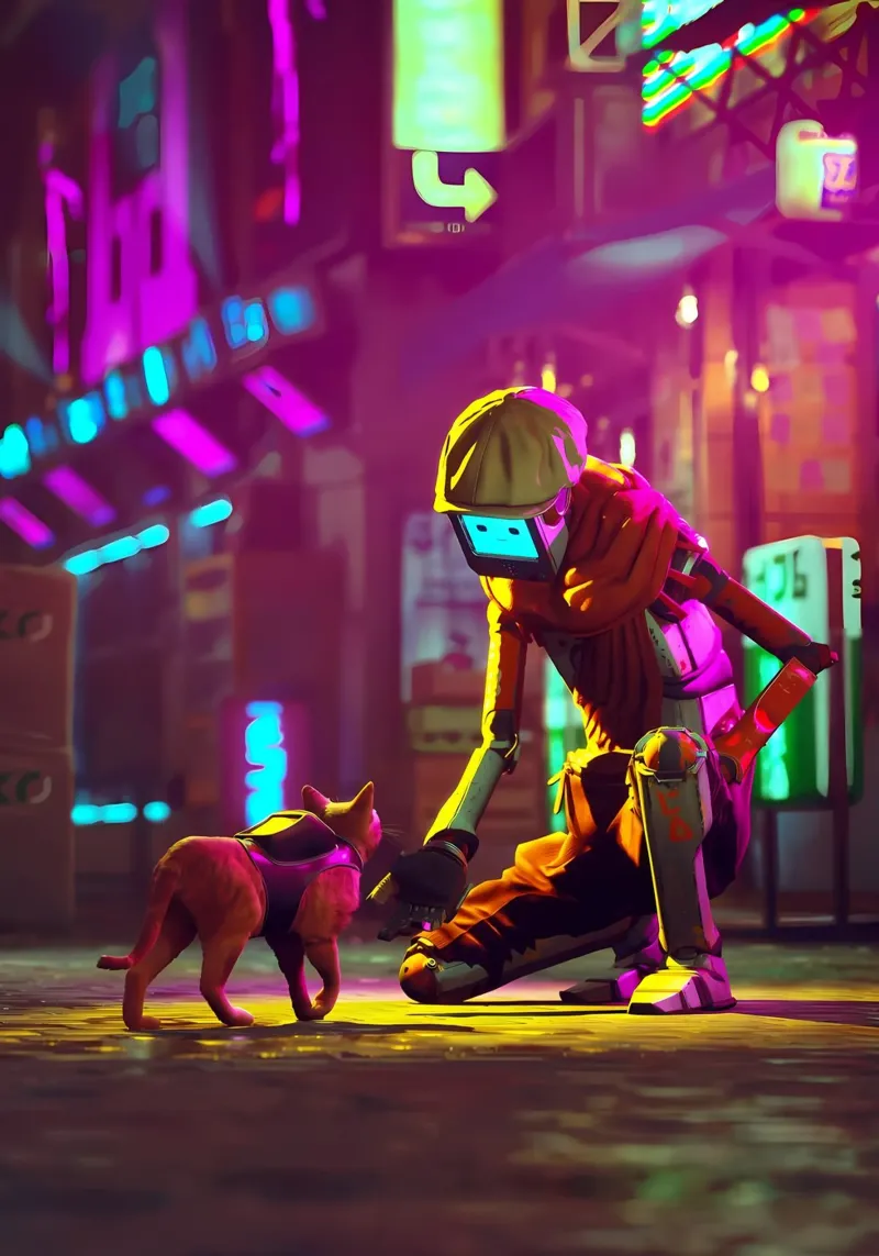 gatto robot cyberpunk luci al neon strada-scena berretto bagliore città h alluminio dibond da Ashish Kashyap