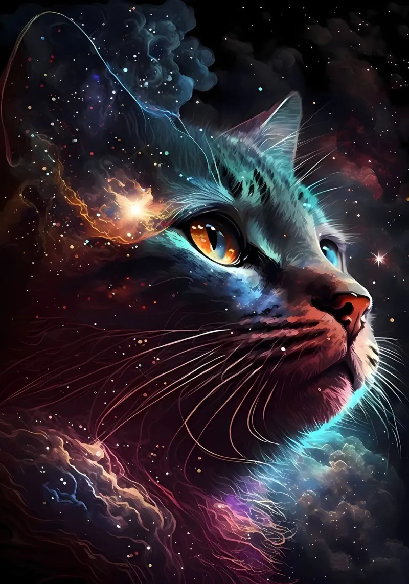 gatto galassia stelle spazio ritratto celeste cosmico baffi ne poster con telaio in alluminio da Ashish Kashyap