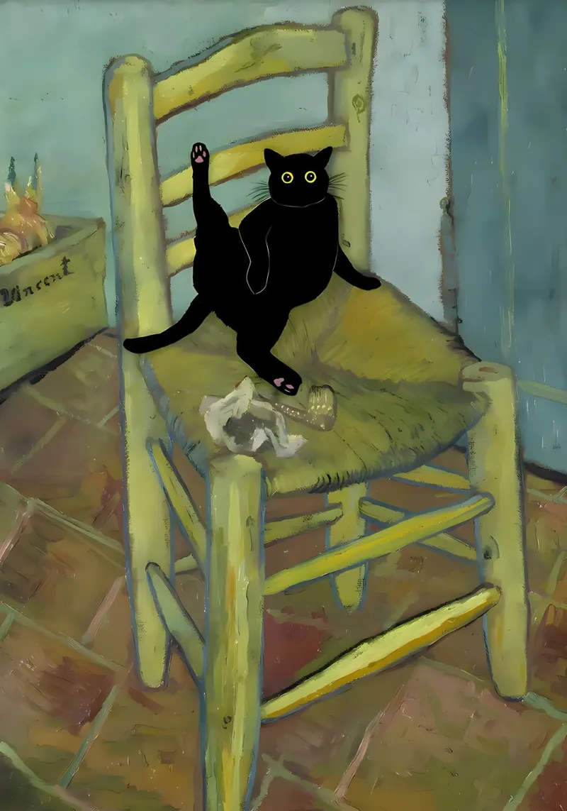 gatto nero sedia di legno scarpe gatto stretching natura morta inter poster con telaio in alluminio da Ashish Kashyap