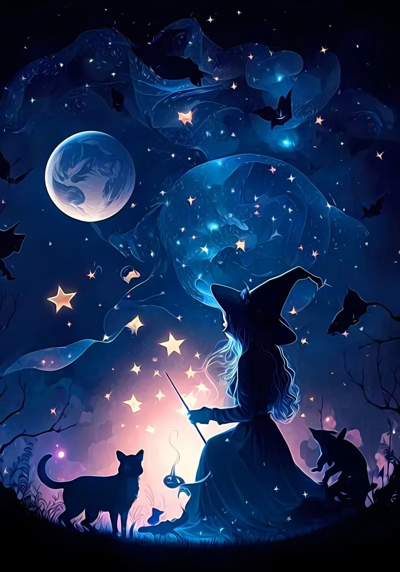 witch moon bat cat stars silhouette magic starry sky night w acrylic glass by Ashish Kashyap