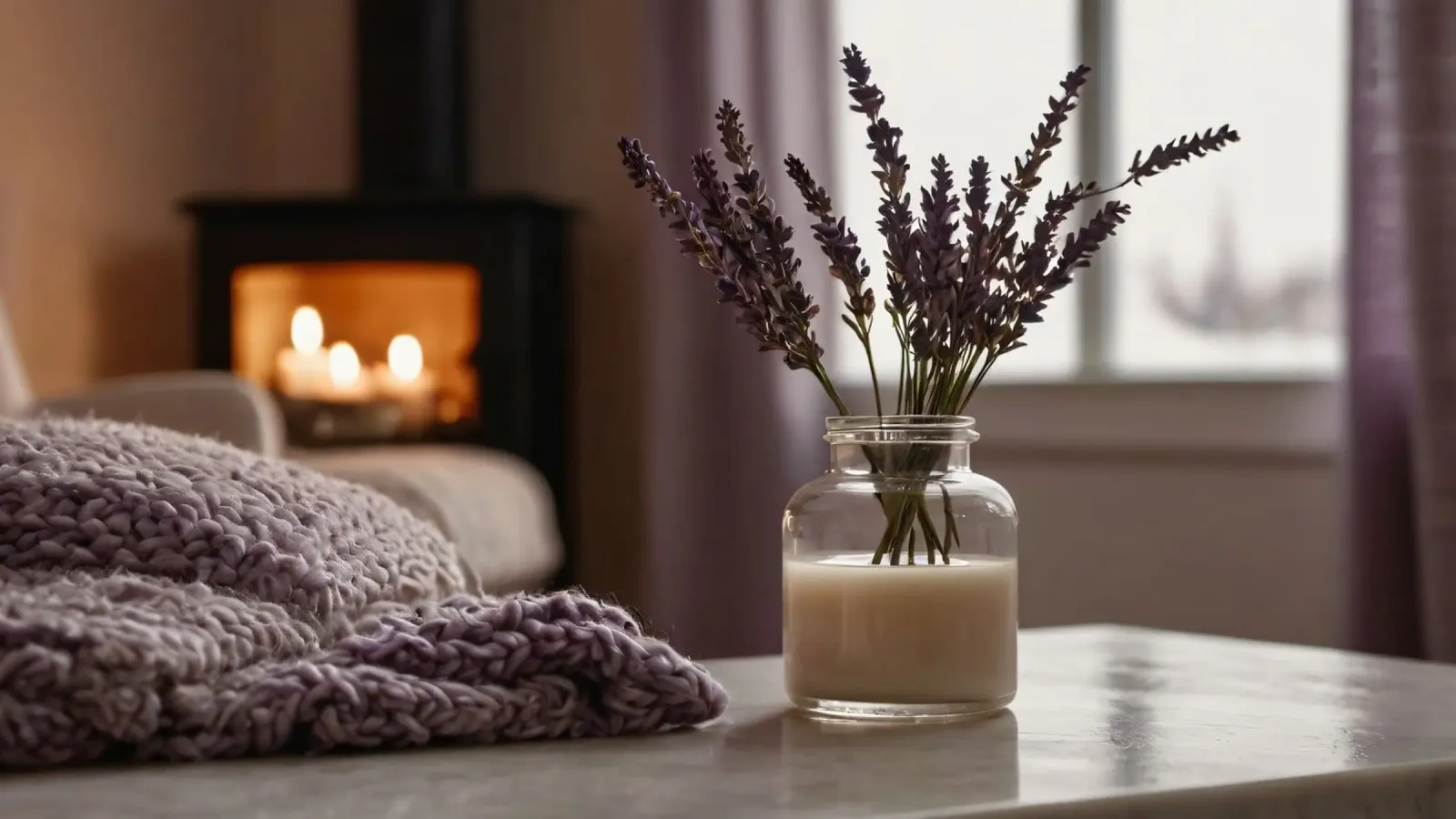 Soggiorno accogliente con un bouquet di lavanda e un caldo caminetto poster con telaio in alluminio da DesignDoodle