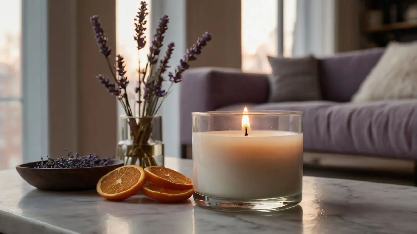 Ambiente interno rilassante con candela accesa e lavanda carta hahnemühle da DesignDoodle