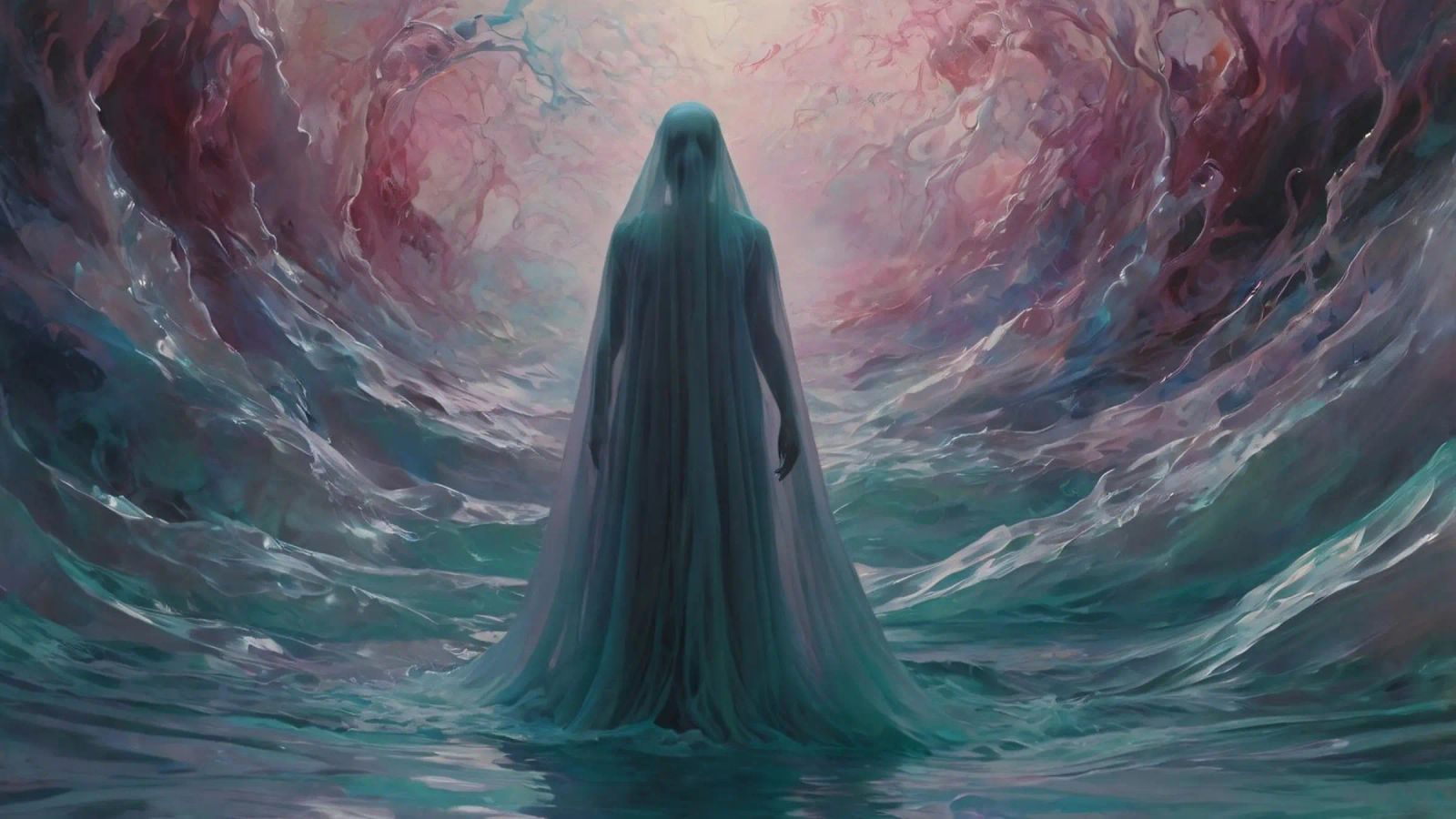 womanin flowing gown stands in calm waters poster da DesignDoodle