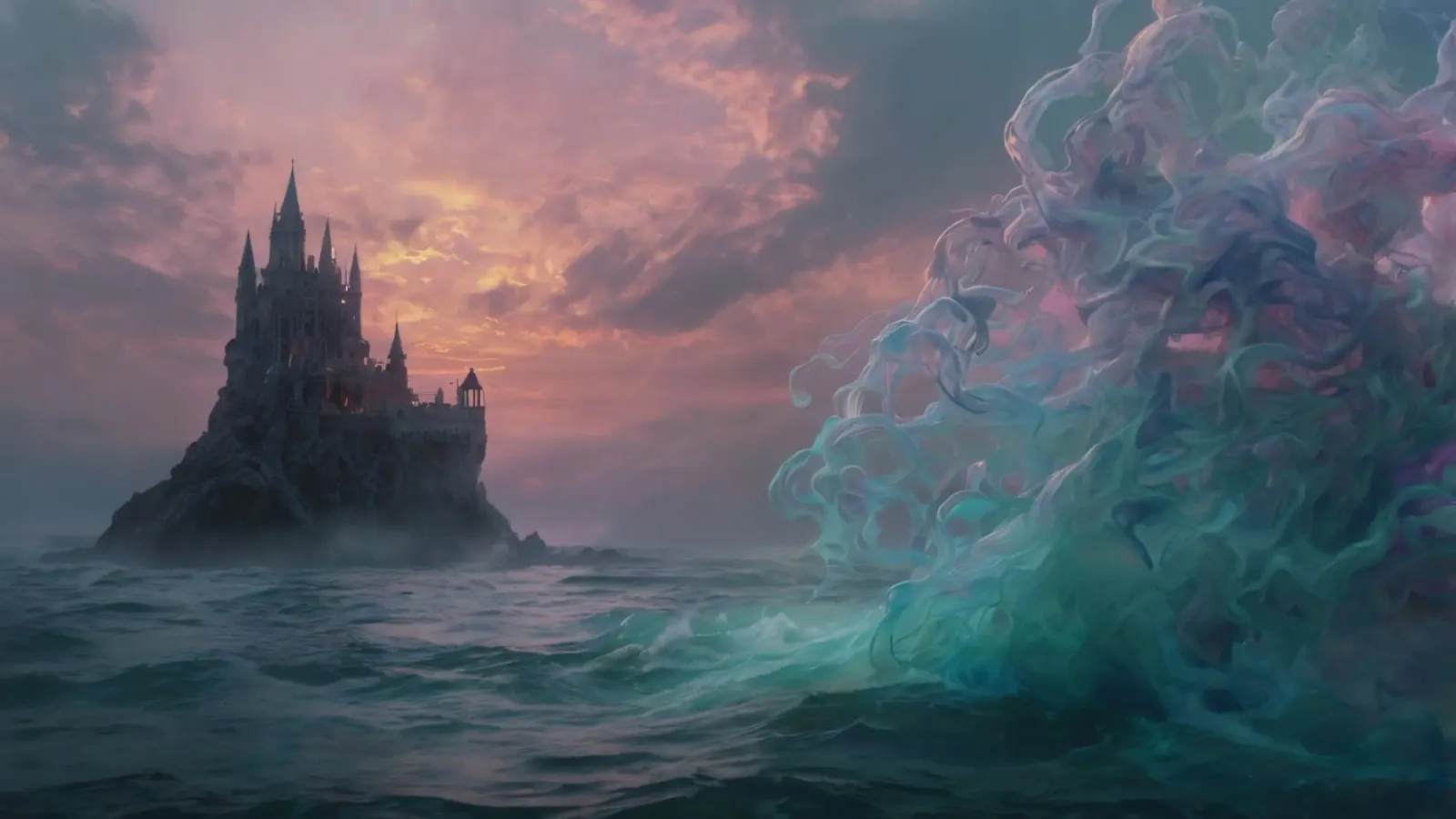 A mystical castle rises from the ocean at sunset canvas with Floater frame by DesignDoodle
