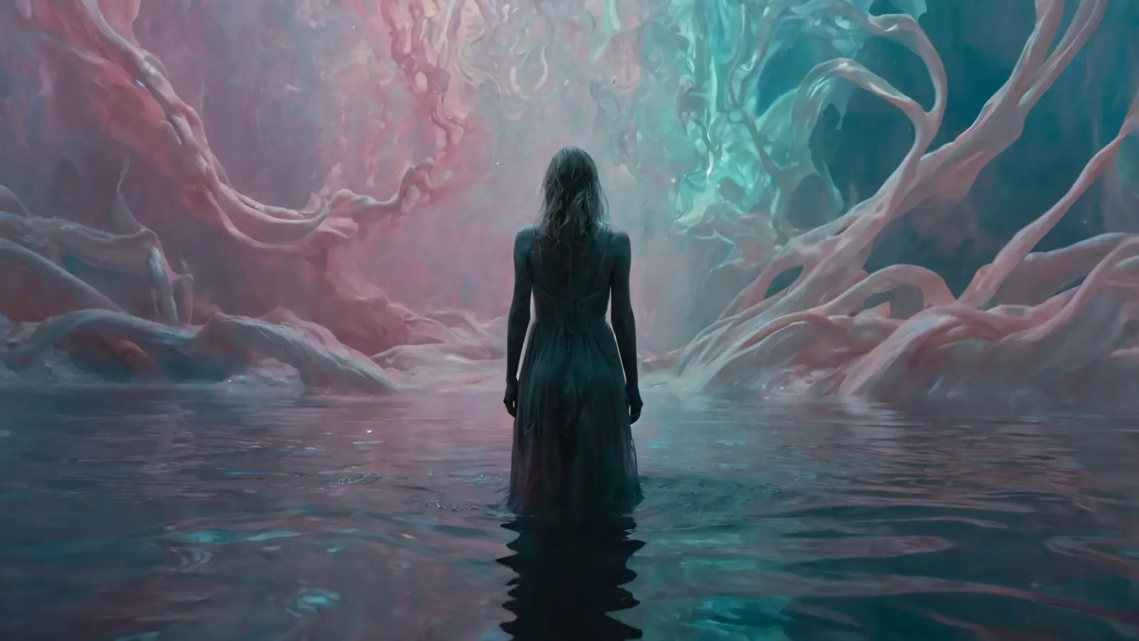 A lone figure stands in reflective waters surrounded canvas with Floater frame by DesignDoodle