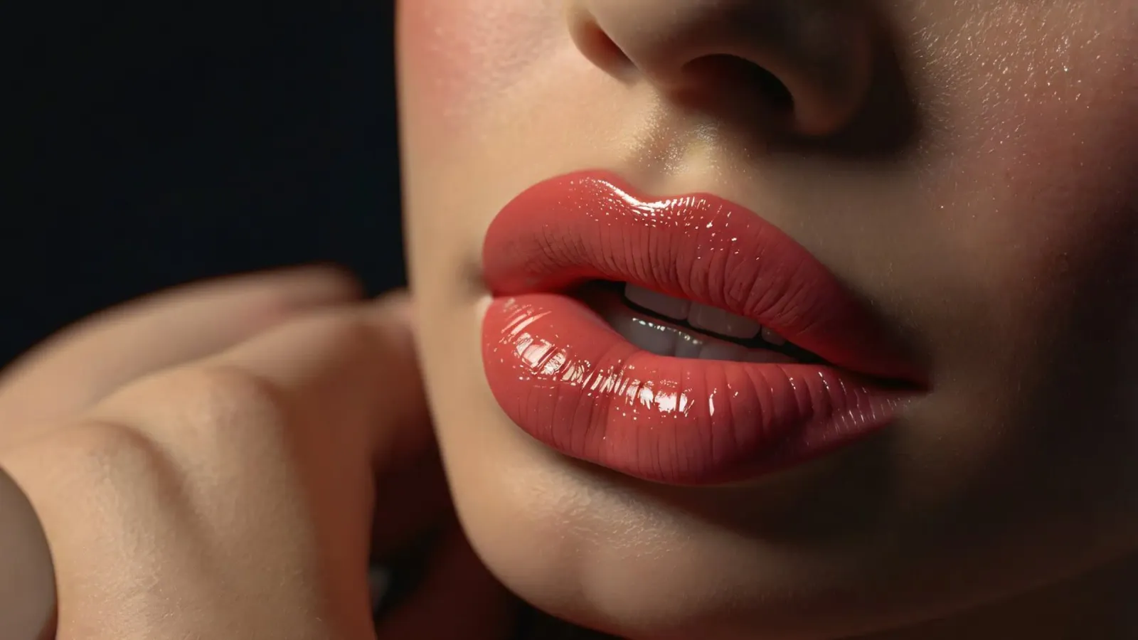 Primer plano de los labios de una mujer que lucen una barra de labios coral brillante metacrilato de DesignDoodle