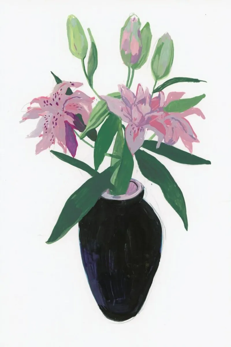 Vase Of Pink Lillies poster con telaio in alluminio da Sonia Brittain