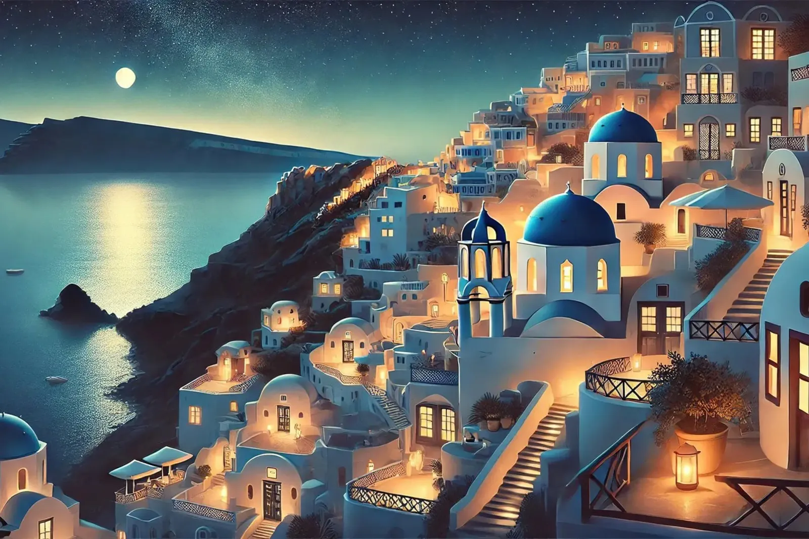Vintage Santorini Night Poster, Greece acrylic glass by Chromatic Fusion Studio