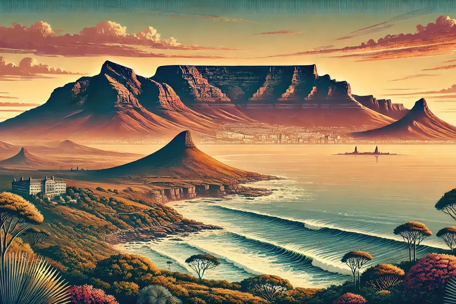 Poster d'epoca del Sudafrica, Table Mountain poster con telaio in alluminio da Chromatic Fusion Studio