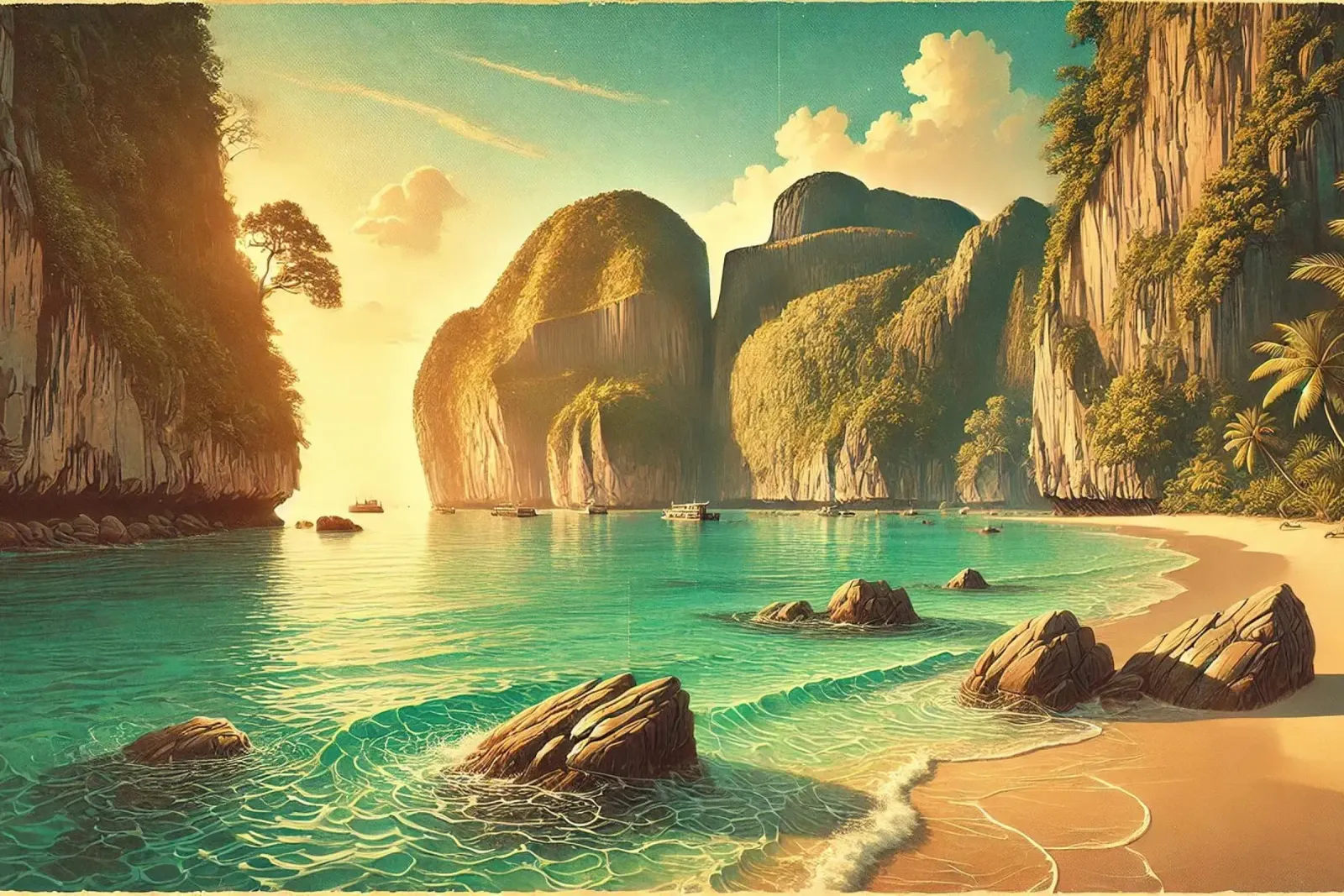 Poster d'epoca sulla Thailandia, Isole Phi Phi pellicola backlit da Chromatic Fusion Studio